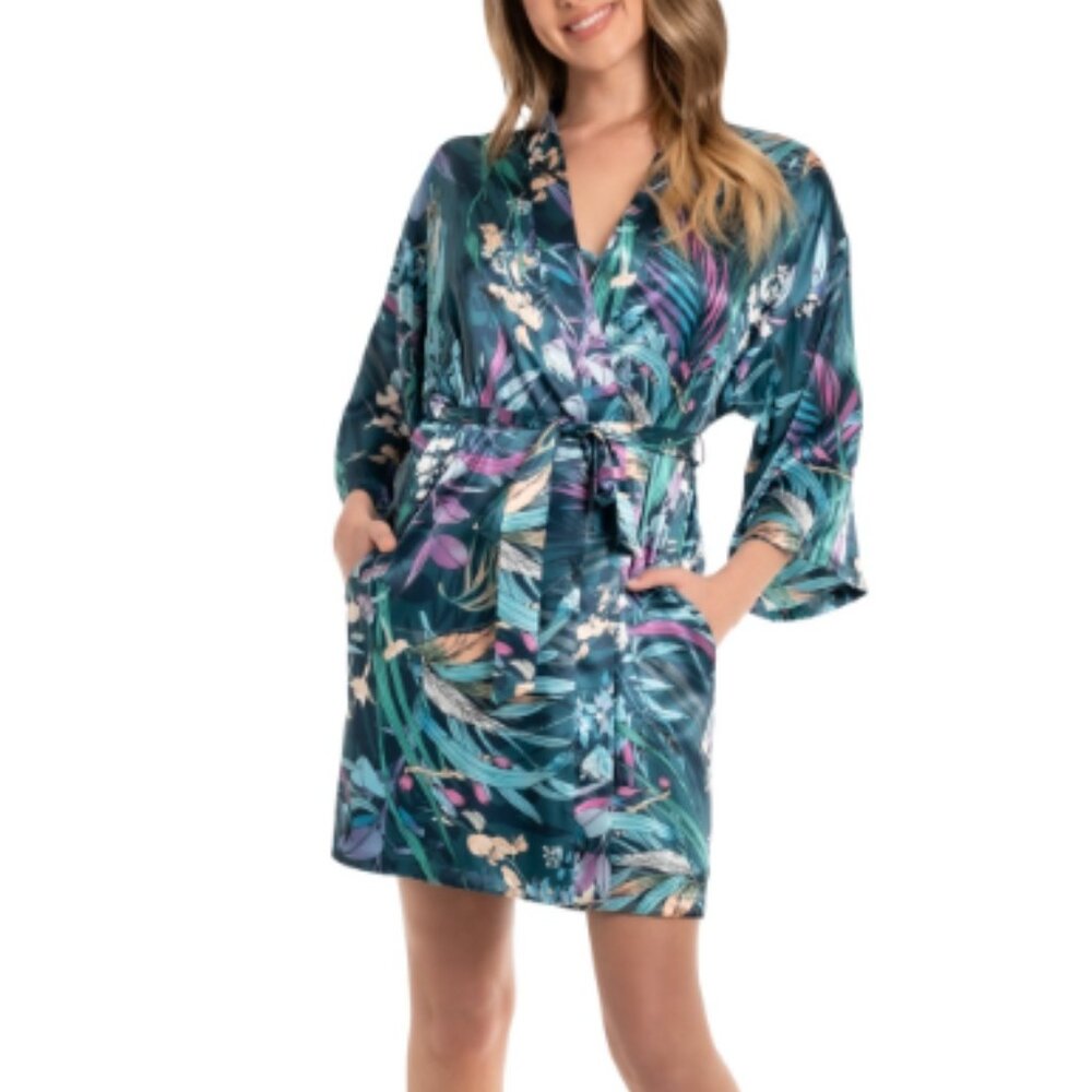 Linea Donatella Women's Printed Satin Wrap Robe - Turquoise